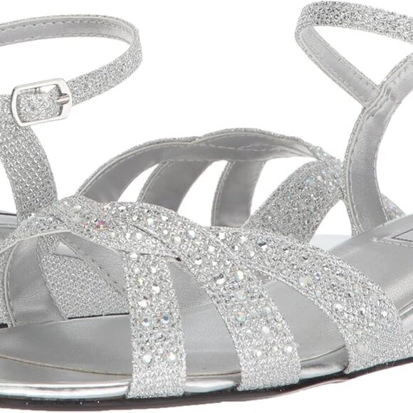 Women's Wedge Sandal Silver Faux Leather 1-Inch Heel Jeweled Buckle Support - Picture 7 of 8